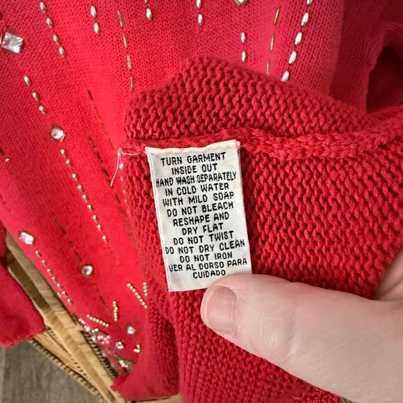 Vintage Red Beaded 1980s Knit Sweater Cotton Ramie Blend bling bedazzled - Picture 3 of 7